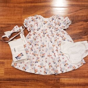Janie and Jack NWT/EUC 12-18 months floral print pintuck dress, tights, headband